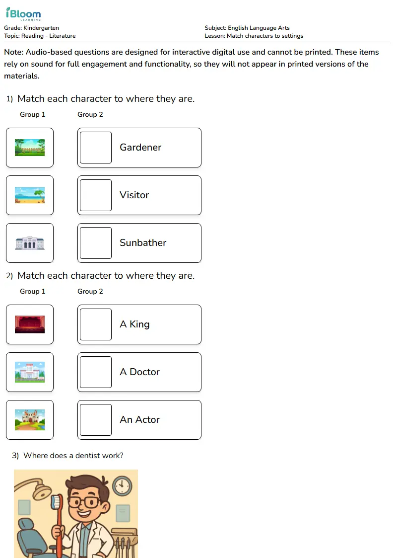 Free Match characters to settings Worksheets for Kindergarten | iBloom