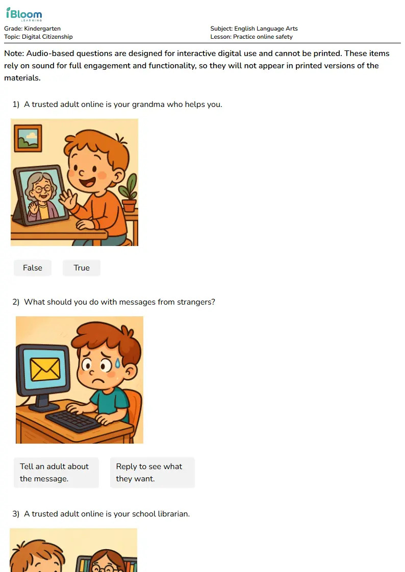 Free Practice online safety Worksheets for Kindergarten | iBloom