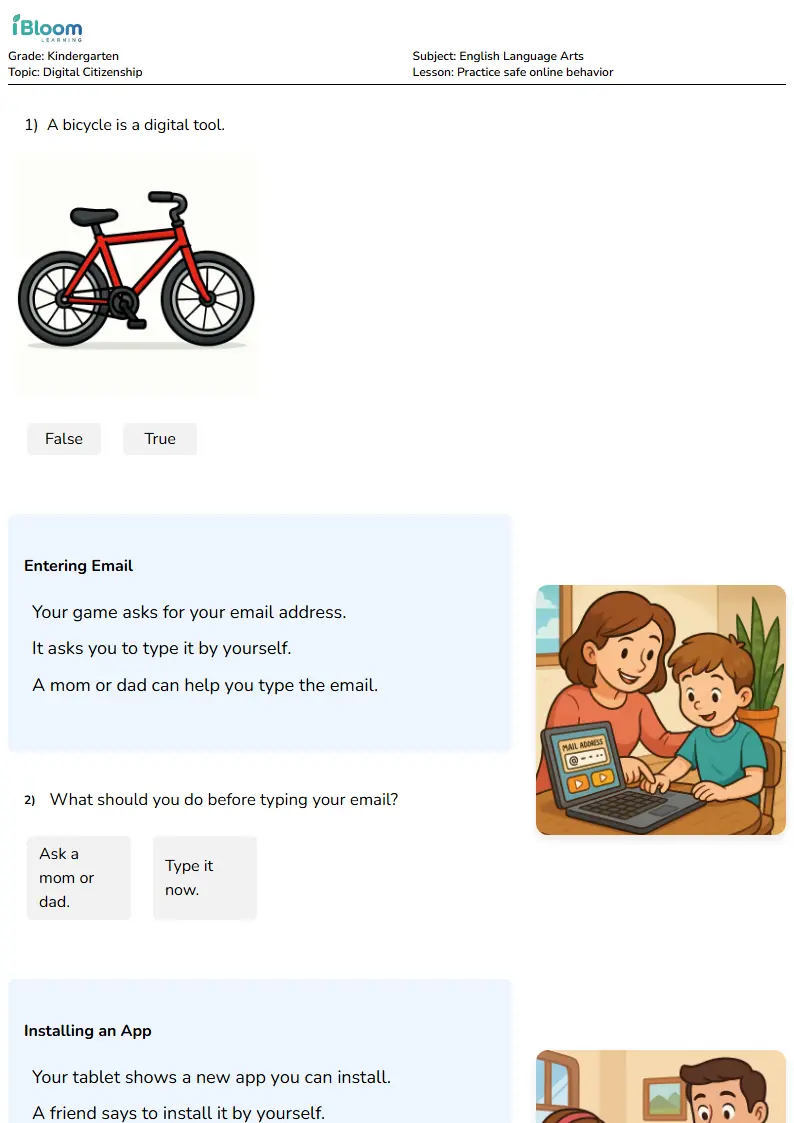Free Practice safe online behavior Worksheets for Kindergarten | iBloom