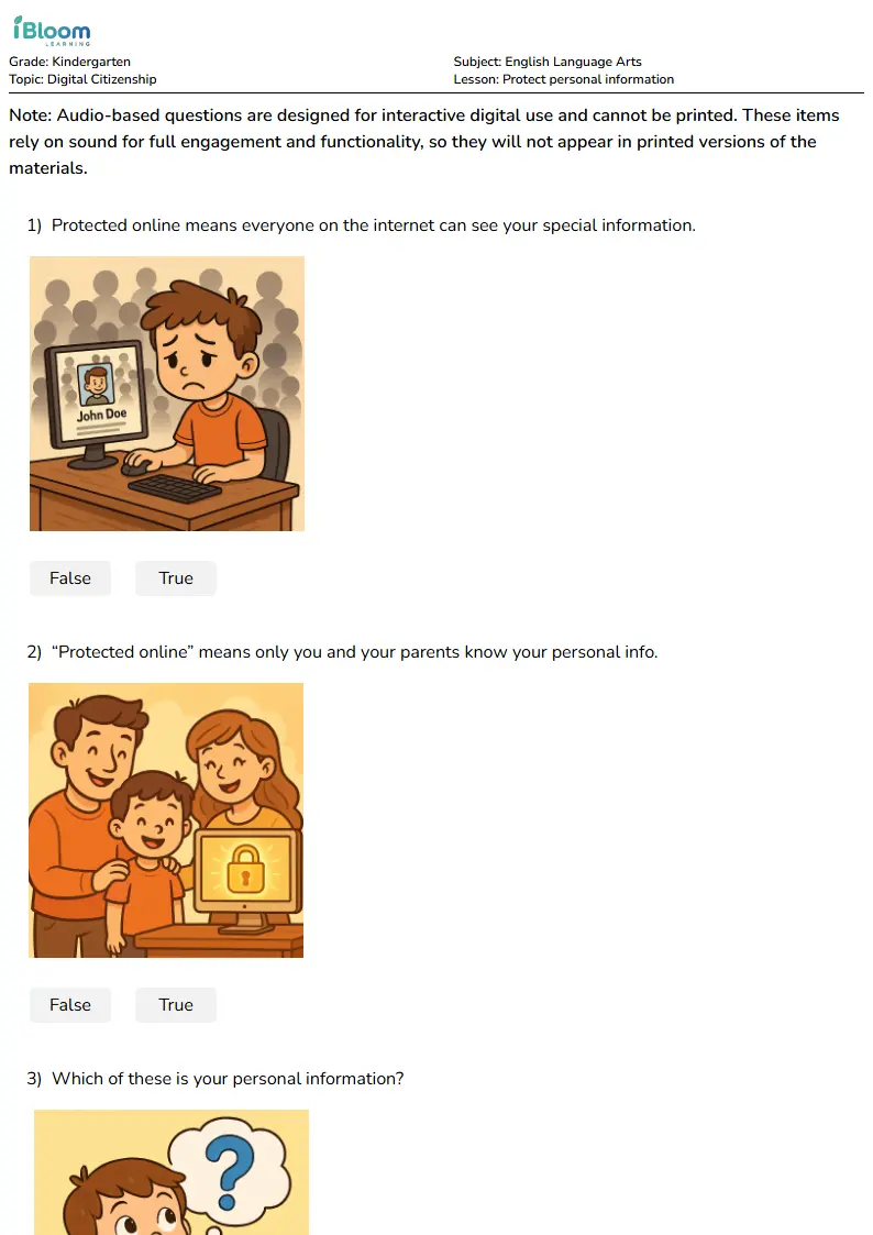 Free Protect personal information Worksheets for Kindergarten | iBloom