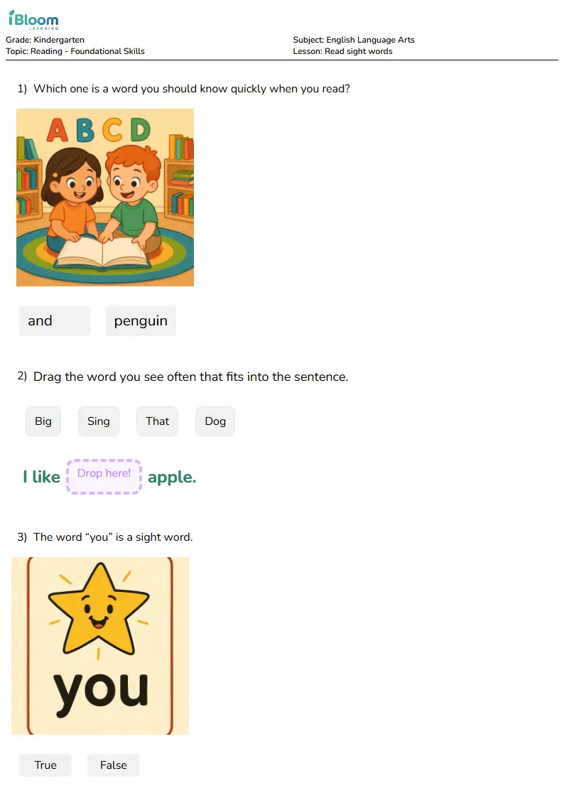 Preview image for Read sight words Worksheets for Kindergarten