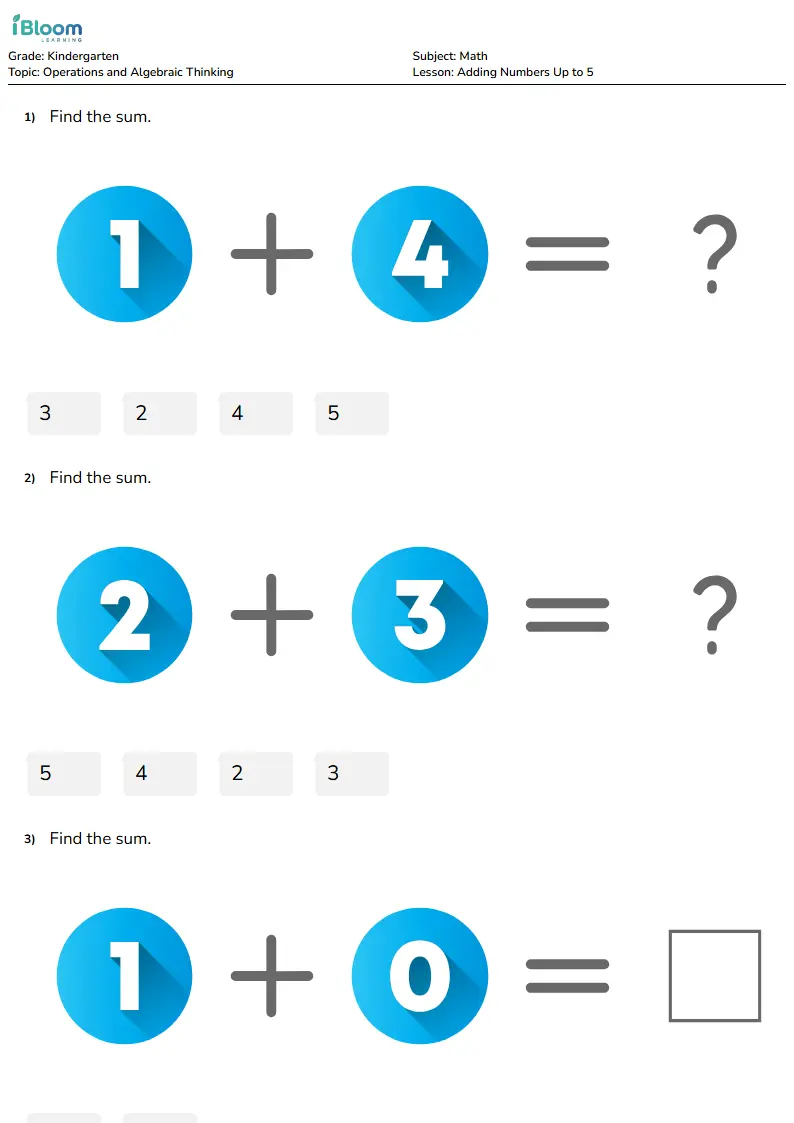 Free Adding Numbers Up to 5 Worksheets for Kindergarten