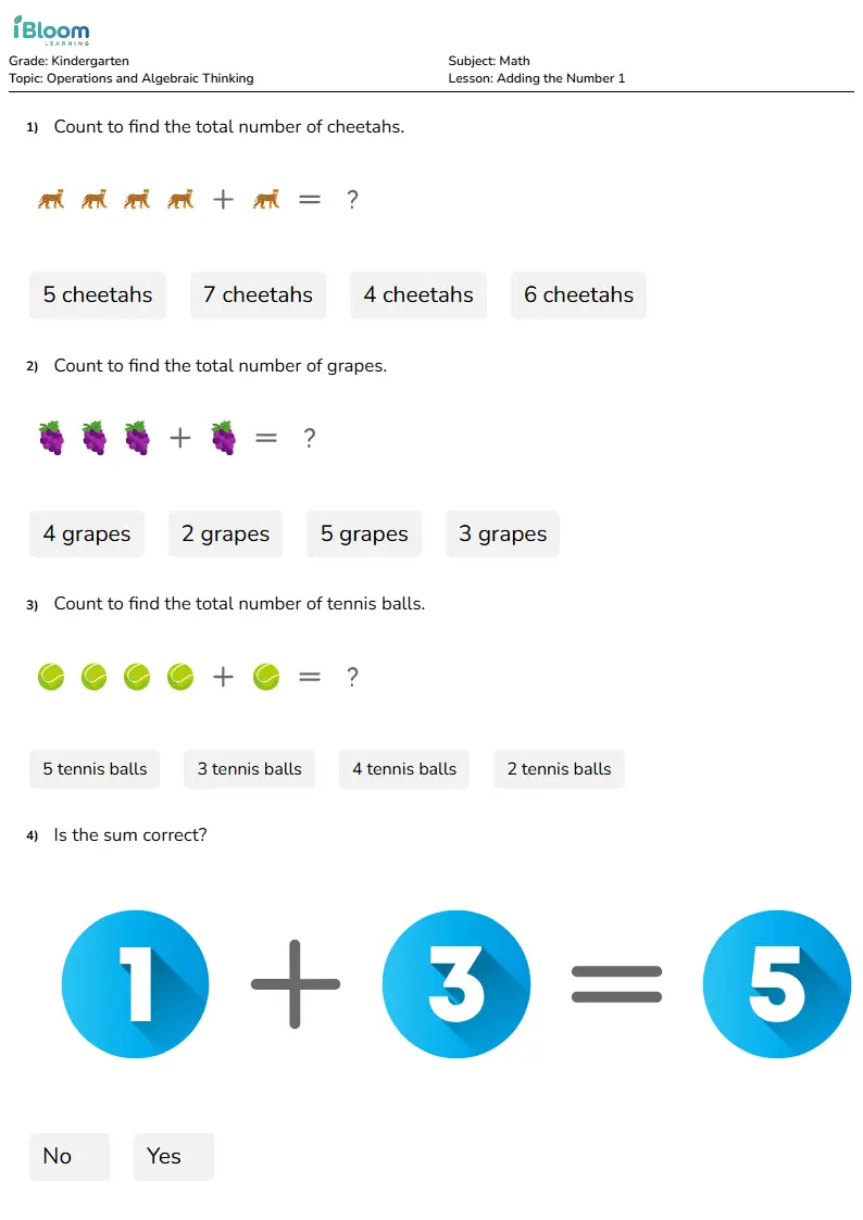 Free Adding the Number 1 Worksheets for Kindergarten