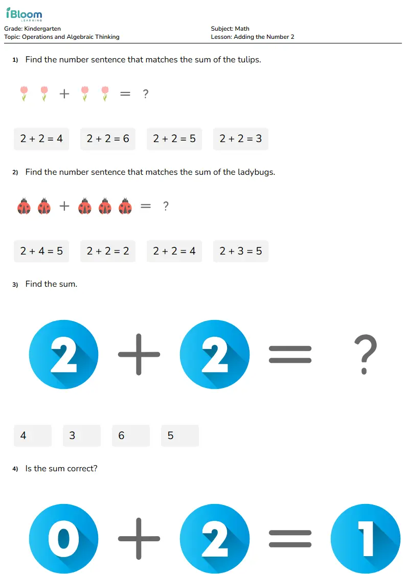 Free Adding the Number 2 Worksheets for Kindergarten