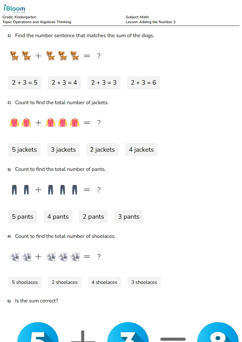 Free Adding the Number 3 Worksheets for Kindergarten
