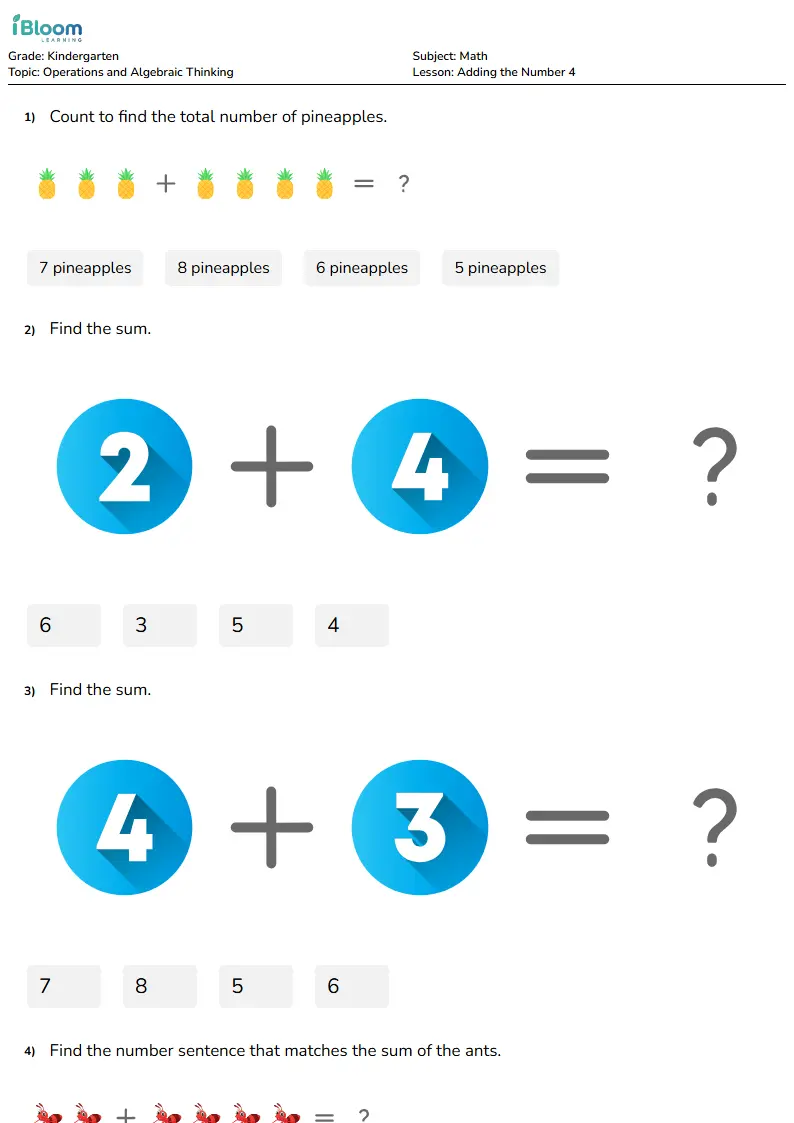 Free Adding the Number 4 Worksheets for Kindergarten