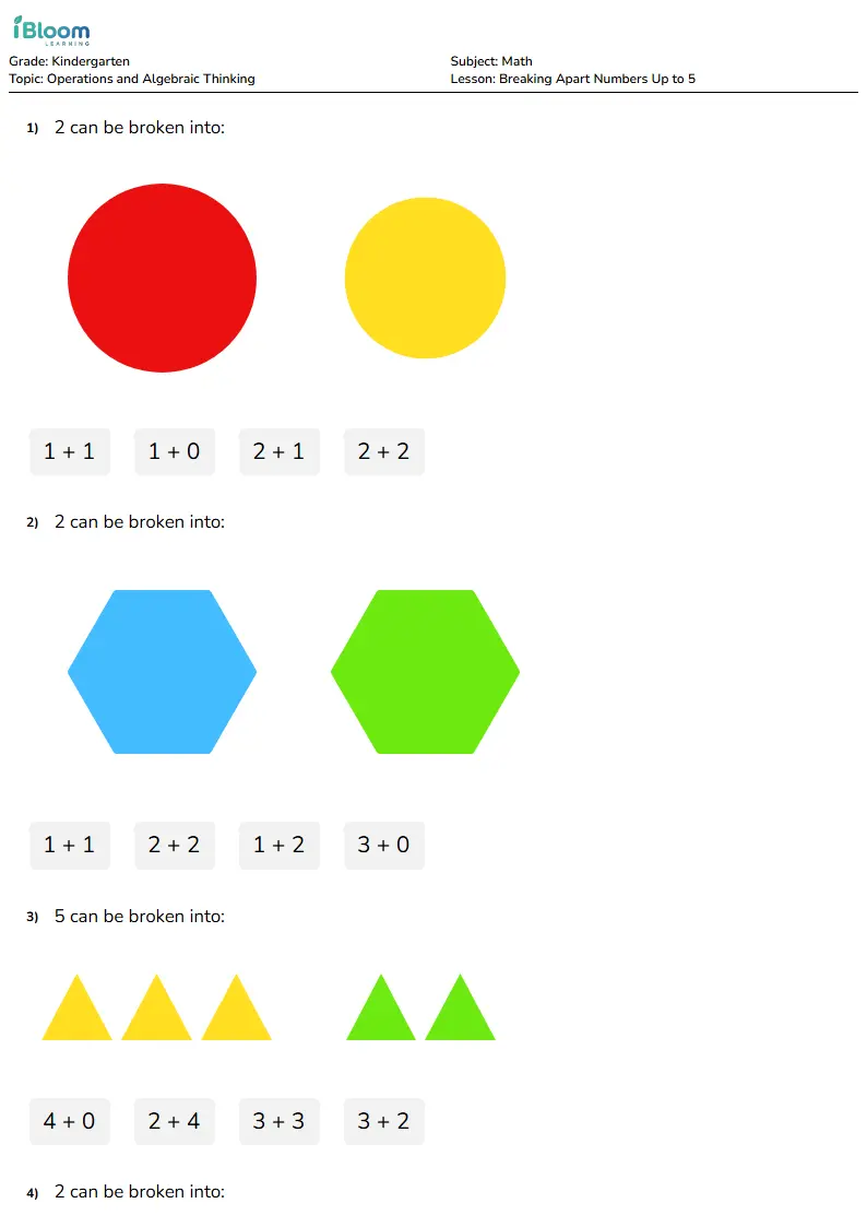 Free Breaking Apart Numbers Up to 5 Worksheets for Kindergarten