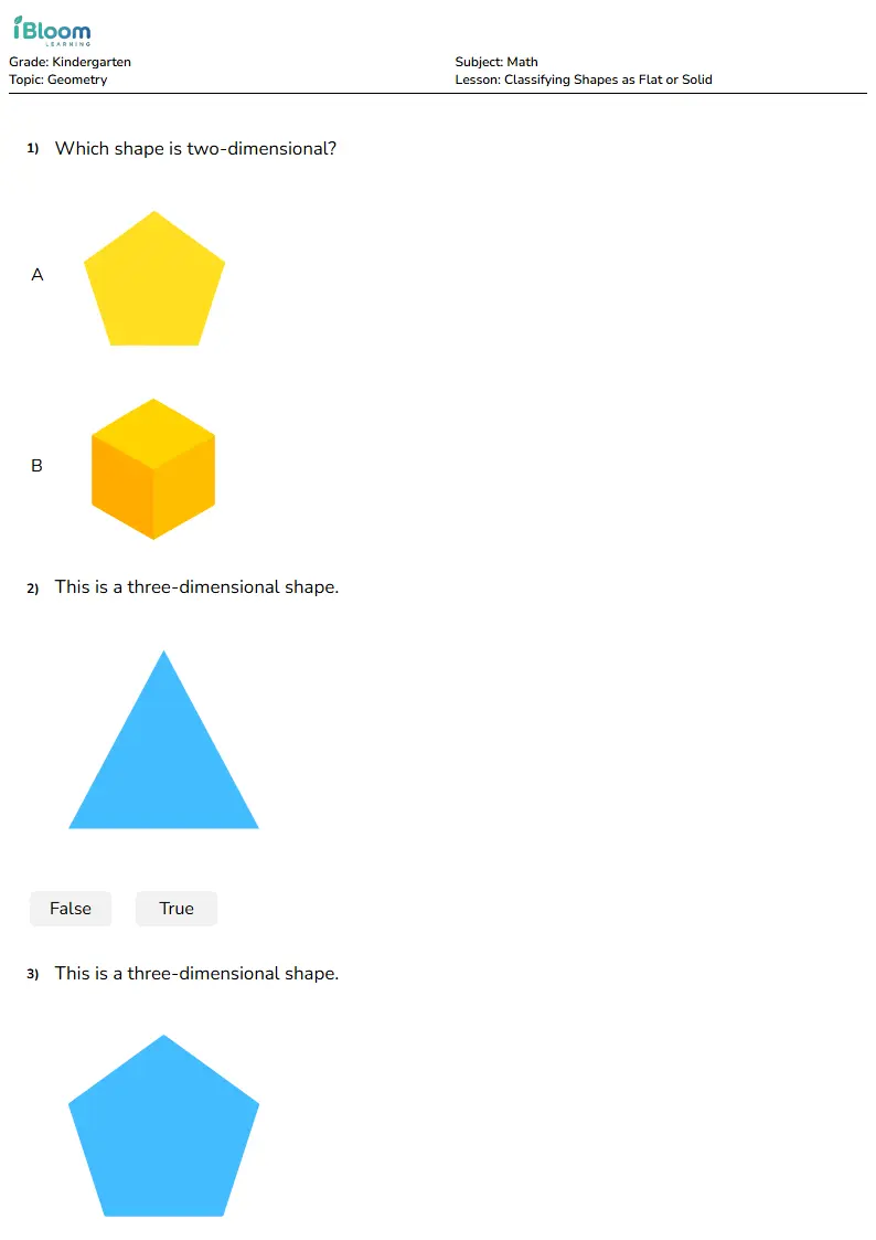 Free Classifying Shapes as Flat or Solid Worksheets for Kindergarten