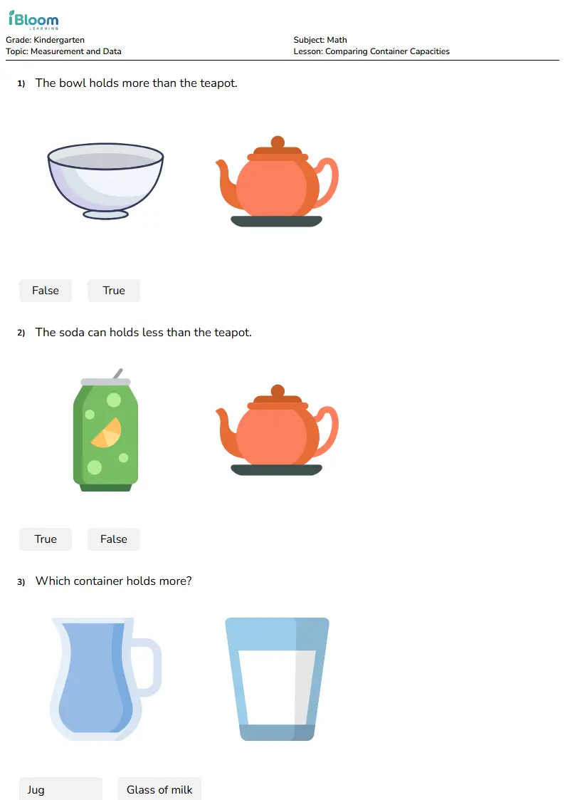 Free Comparing Container Capacities Worksheets for Kindergarten