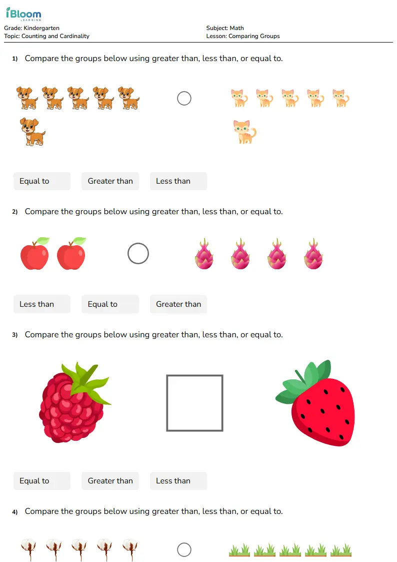 Free Comparing Groups Worksheets for Kindergarten