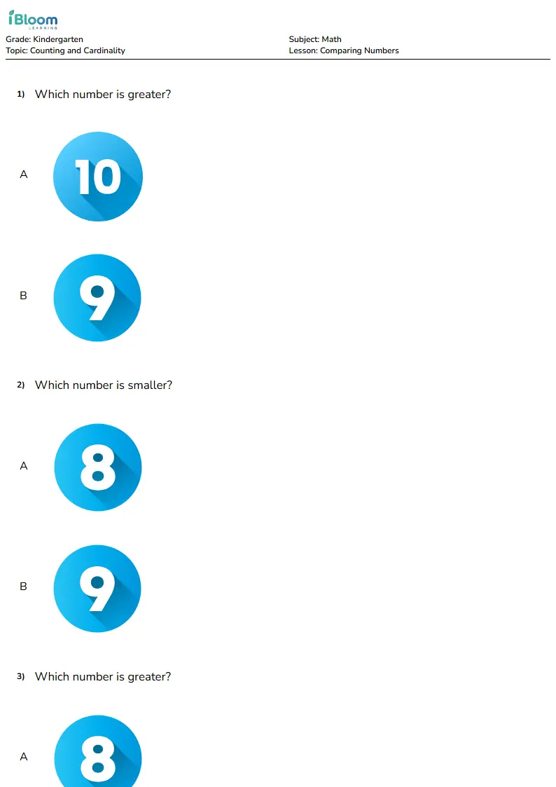 Free Comparing Numbers Worksheets for Kindergarten