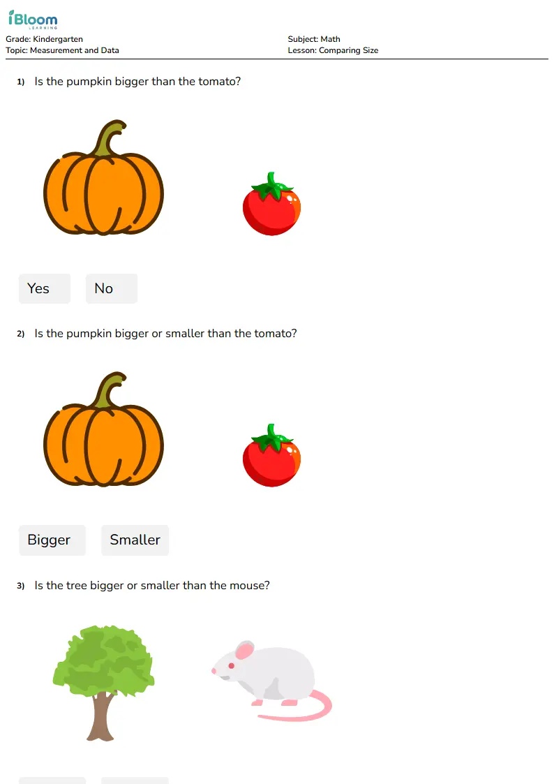 Free Comparing Size Worksheets for Kindergarten