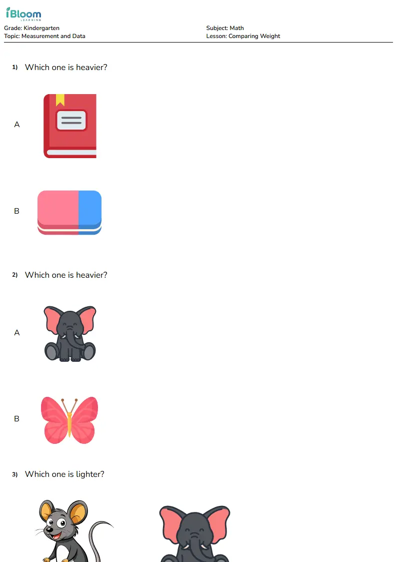 Free Comparing Weight Worksheets for Kindergarten