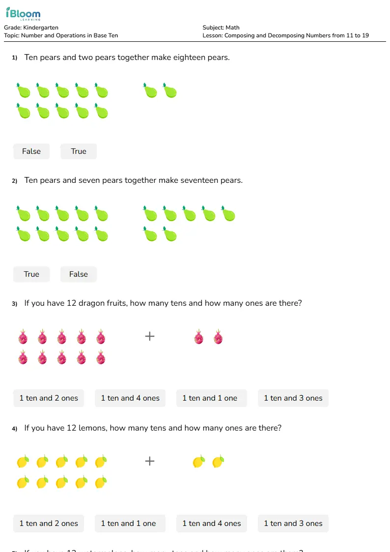 Free Composing and Decomposing Numbers from 11 to 19 Worksheets for Kindergarten