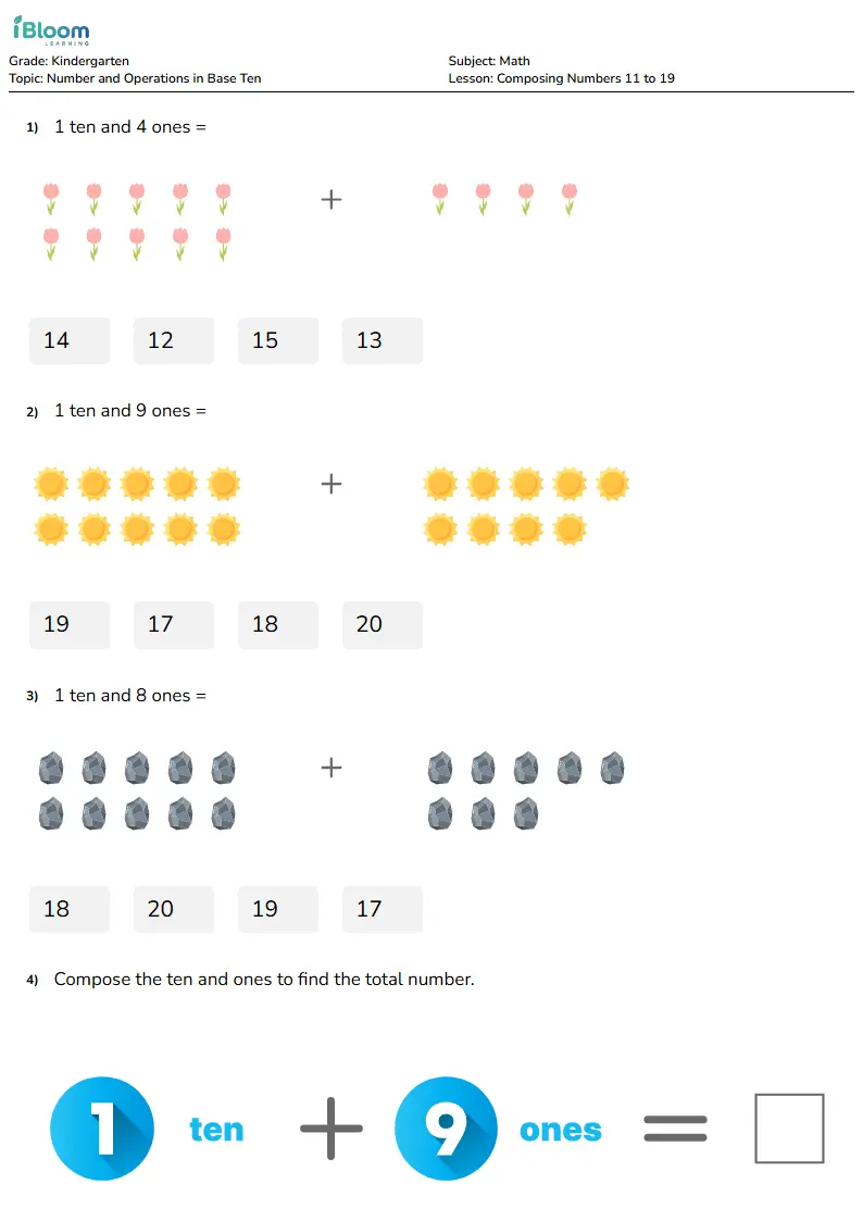Free Composing Numbers 11 to 19 Worksheets for Kindergarten