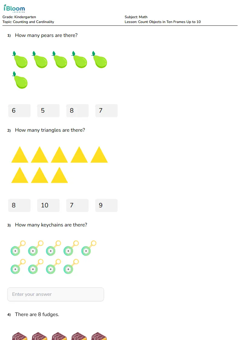 Free Count Objects in Ten Frames Up to 10 Worksheets for Kindergarten