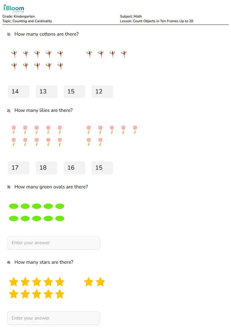 Free Count Objects in Ten Frames Up to 20 Worksheets for Kindergarten