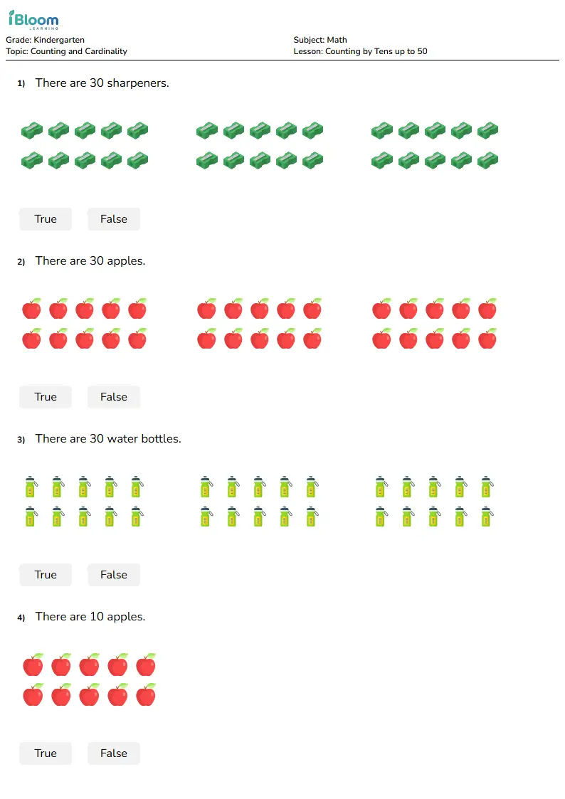 Free Counting by Tens up to 50 Worksheets for Kindergarten