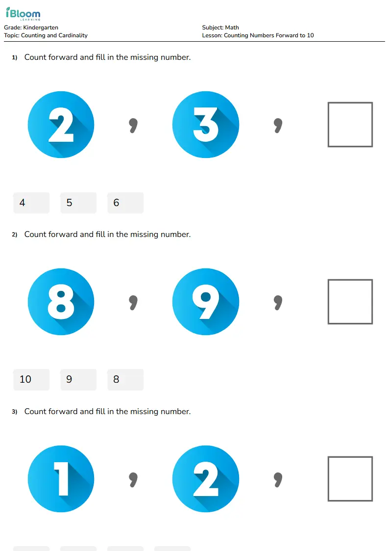 Free Counting Numbers Forward to 10 Worksheets for Kindergarten