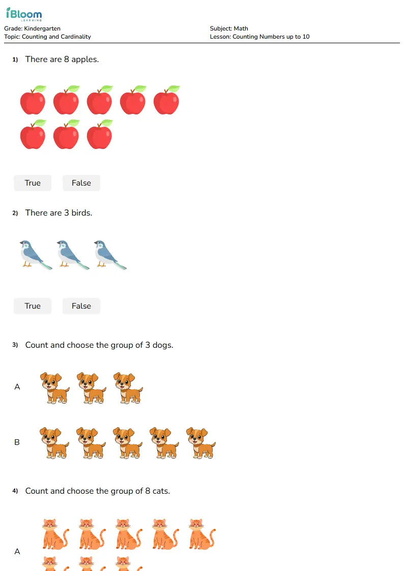 Free Counting Numbers up to 10 Worksheets for Kindergarten
