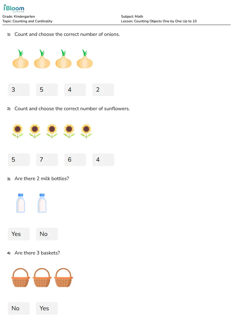 Free Counting Objects One by One Up to 10 Worksheets for Kindergarten