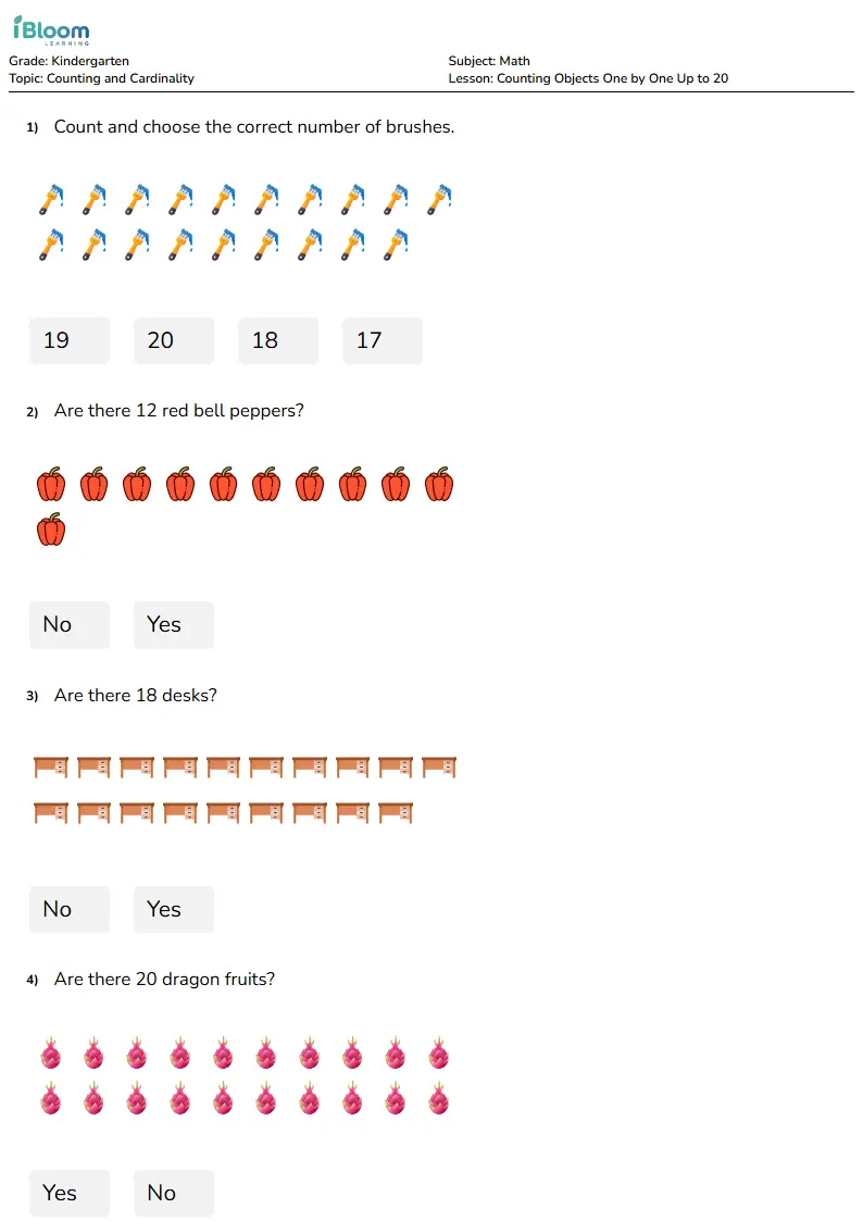 Free Counting Objects One by One Up to 20 Worksheets for Kindergarten