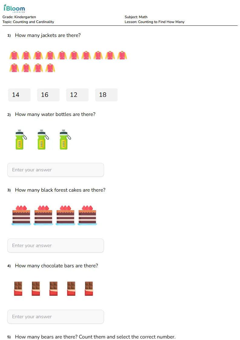 Free Counting to Find How Many Worksheets for Kindergarten