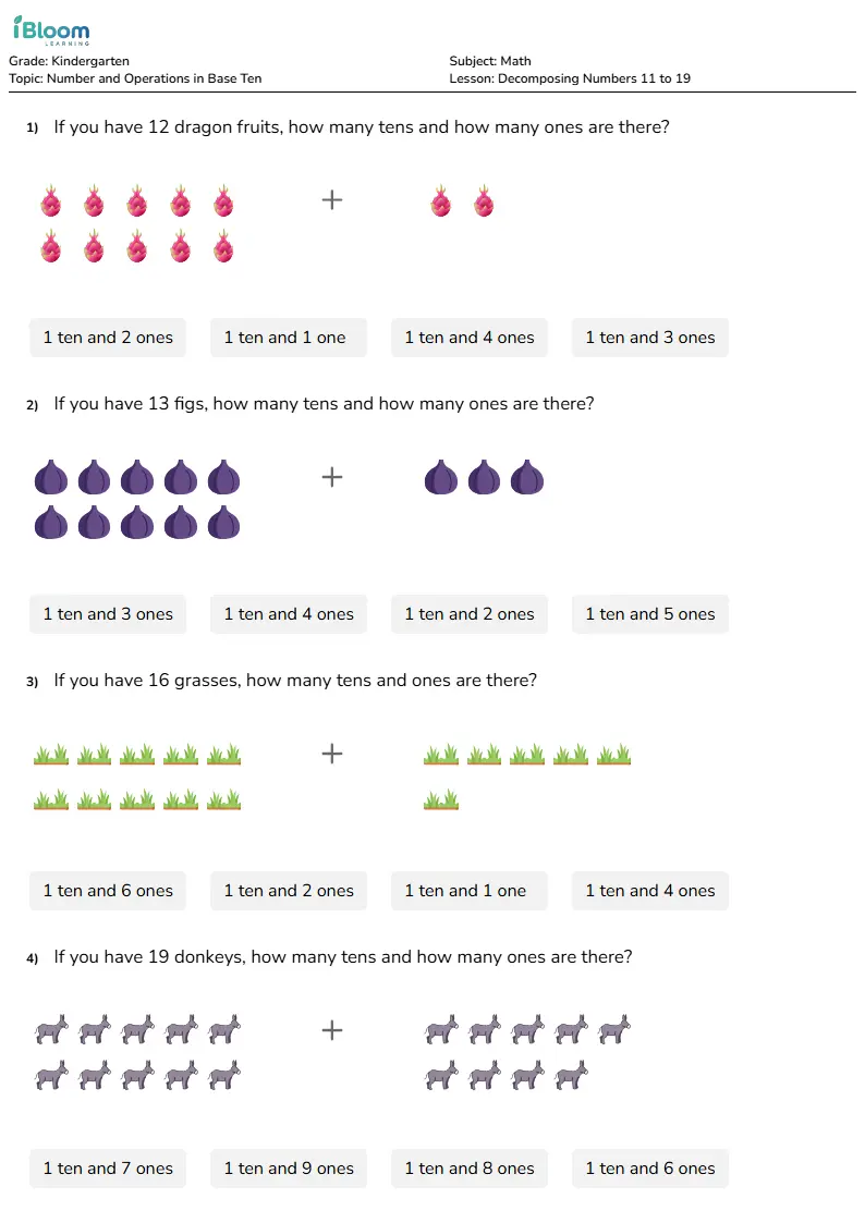 Free Decomposing Numbers 11 to 19 Worksheets for Kindergarten