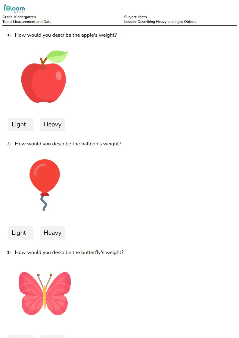 Free Describing Heavy and Light Objects Worksheets for Kindergarten ...