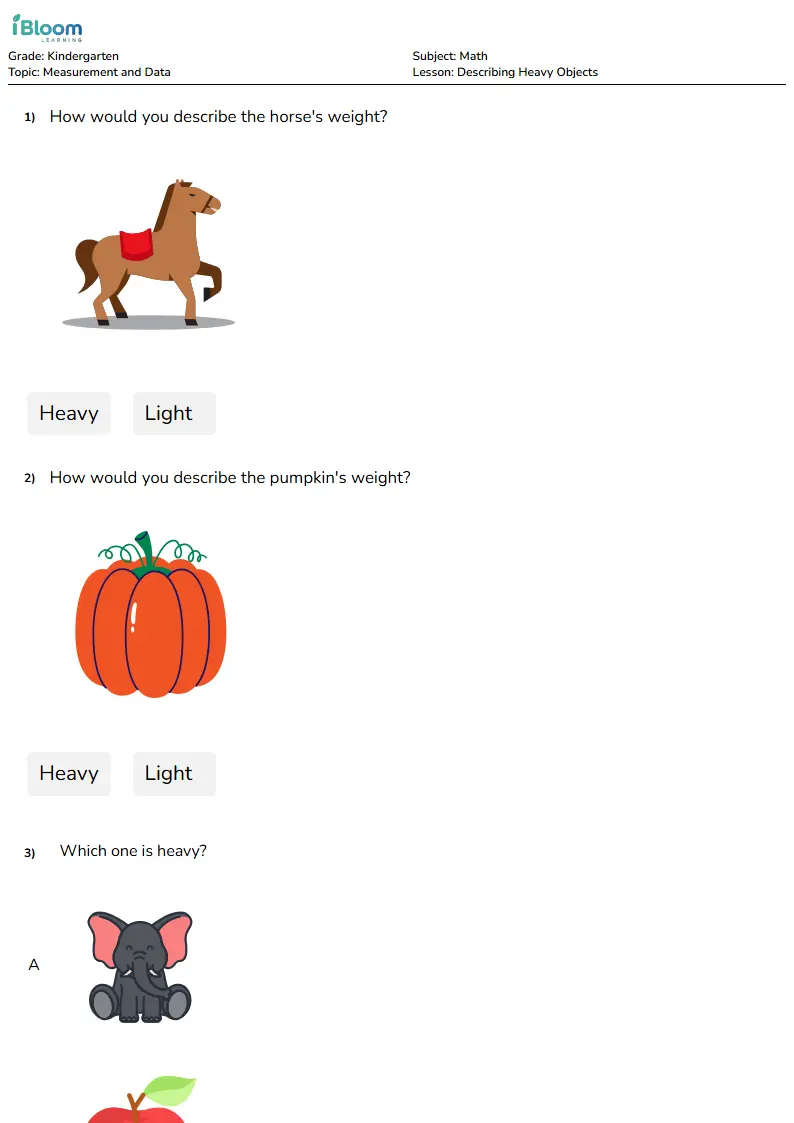 Free Describing Heavy Objects Worksheets for Kindergarten | iBloom