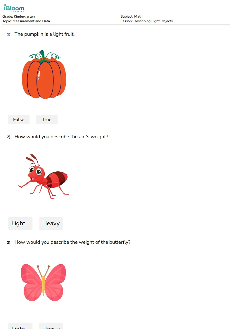 Free Describing Light Objects Worksheets for Kindergarten | iBloom