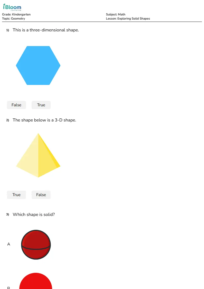 Free Exploring Solid Shapes Worksheets for Kindergarten | iBloom
