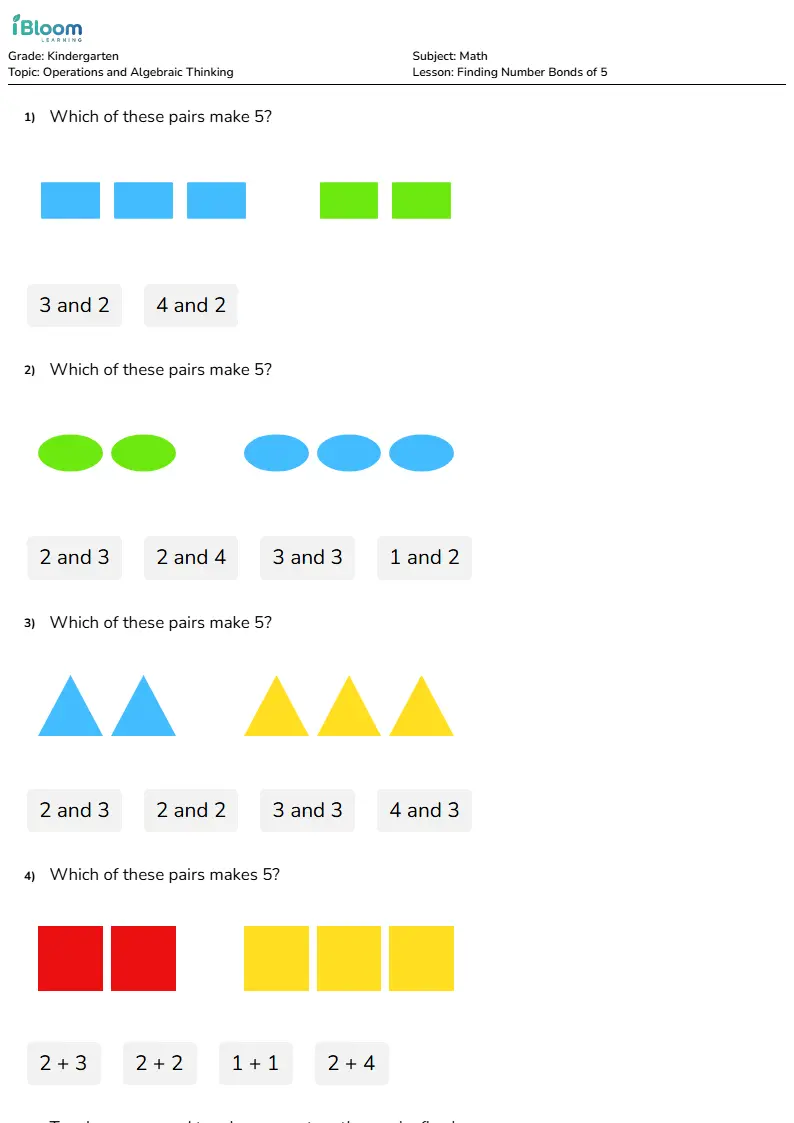 Free Finding Number Bonds of 5 Worksheets for Kindergarten | iBloom