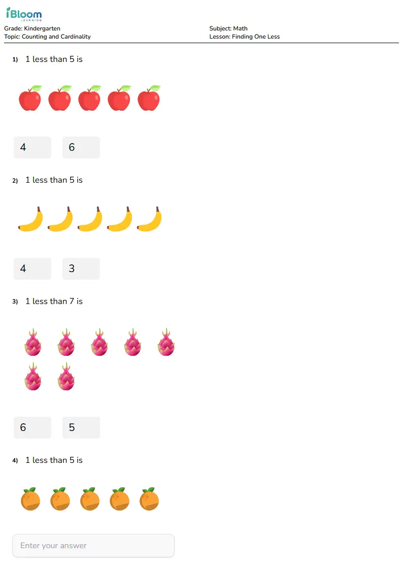 Free Finding One Less Worksheets for Kindergarten | iBloom