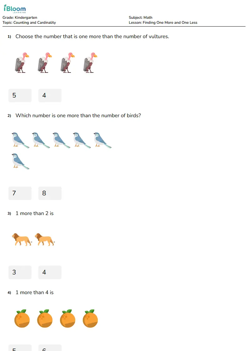Free Finding One More and One Less Worksheets for Kindergarten | iBloom