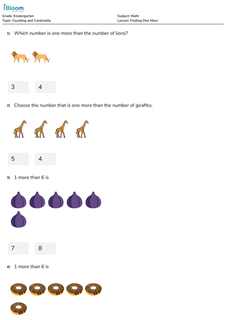 Free Finding One More Worksheets for Kindergarten | iBloom