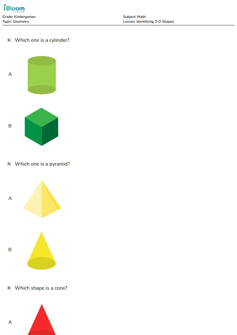 Free Identifying 3-D Shapes Worksheets for Kindergarten | iBloom