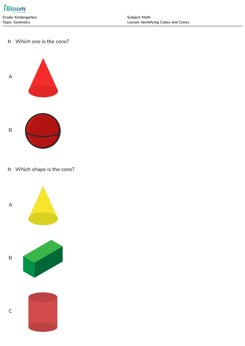 Free Identifying Cubes and Cones Worksheets for Kindergarten | iBloom