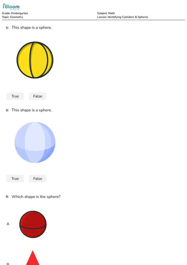 Free Identifying Cylinders & Spheres Worksheets for Kindergarten | iBloom