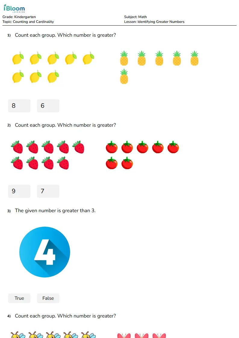Free Identifying Greater Numbers Worksheets for Kindergarten | iBloom