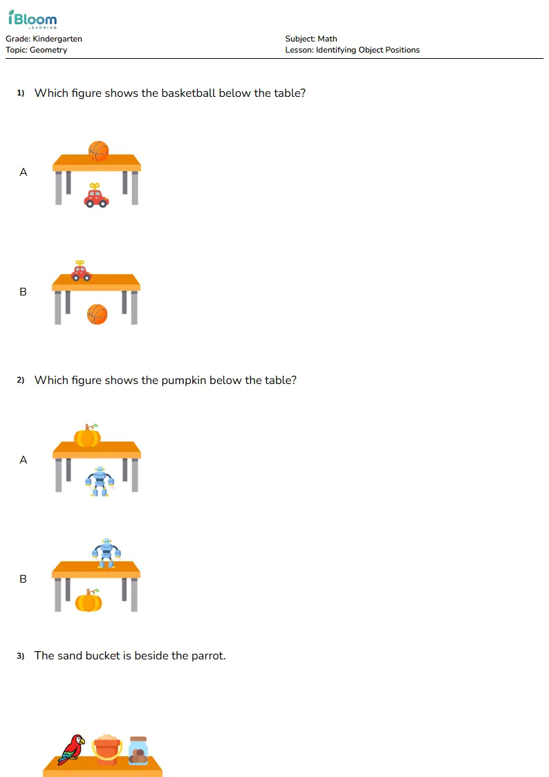 Free Identifying Object Positions Worksheets for Kindergarten | iBloom