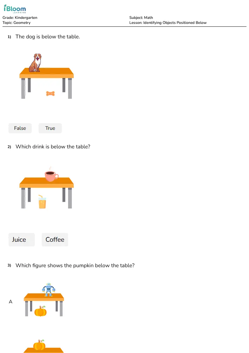 Free Identifying Objects Positioned Below Worksheets for Kindergarten | iBloom