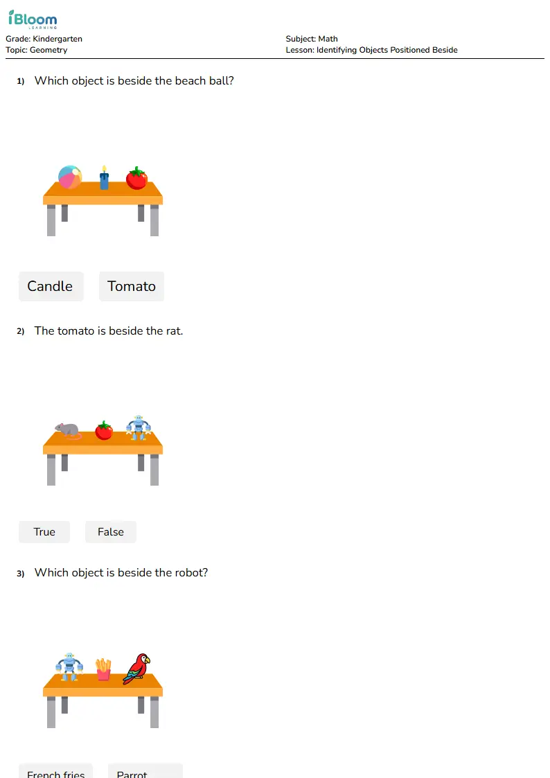 Free Identifying Objects Positioned Beside Worksheets for Kindergarten | iBloom