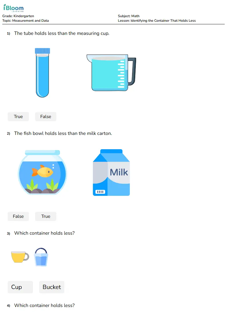 Free Identifying the Container That Holds Less Worksheets for Kindergarten | iBloom