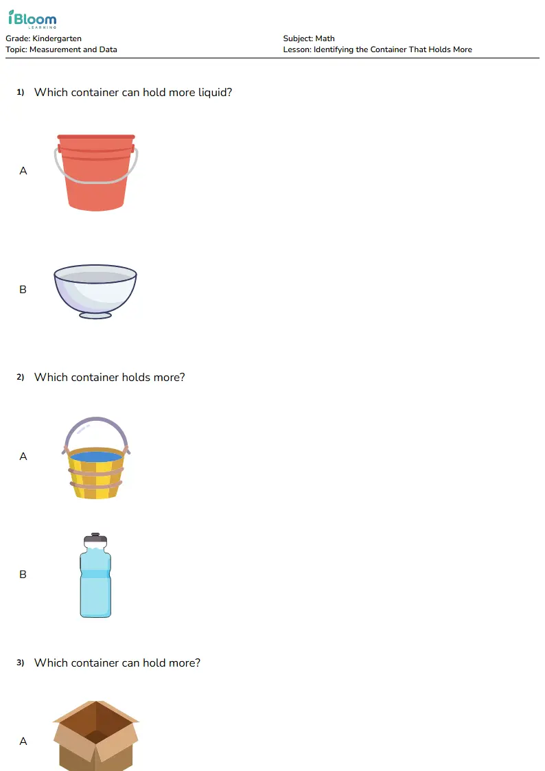 Free Identifying the Container That Holds More Worksheets for Kindergarten | iBloom