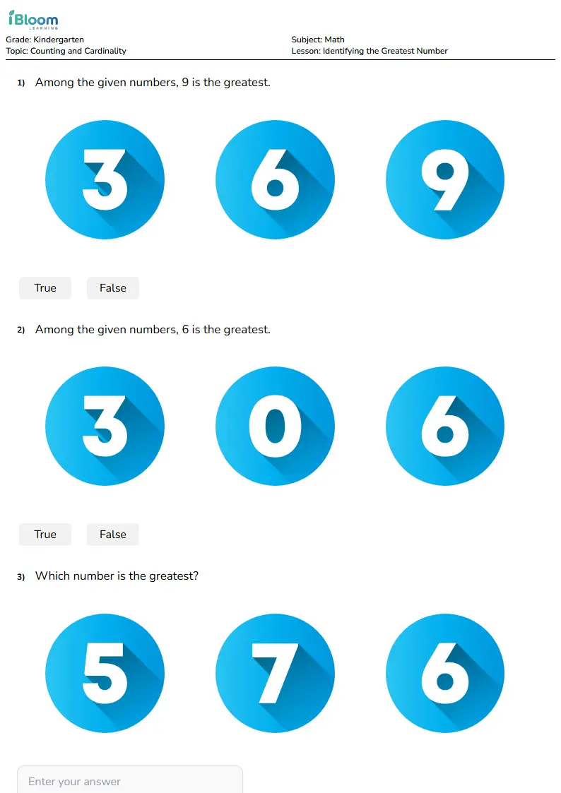 Free Identifying the Greatest Number Worksheets for Kindergarten | iBloom