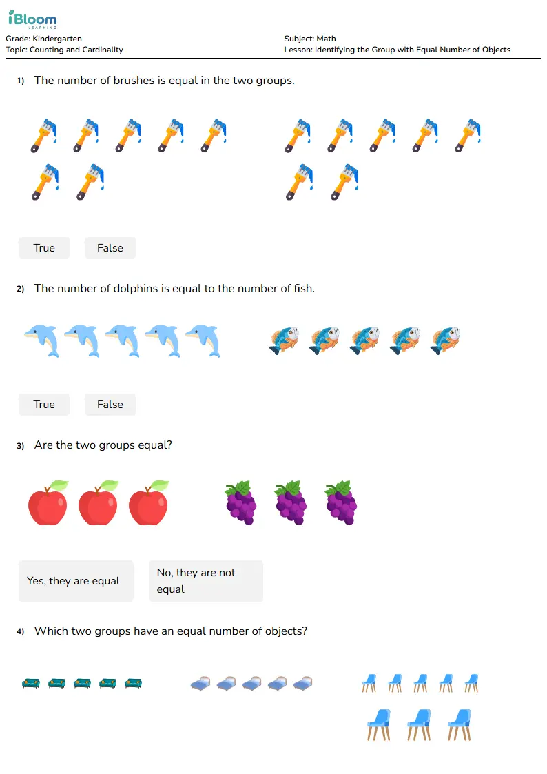 Free Identifying the Group with Equal Number of Objects Worksheets for Kindergarten | iBloom