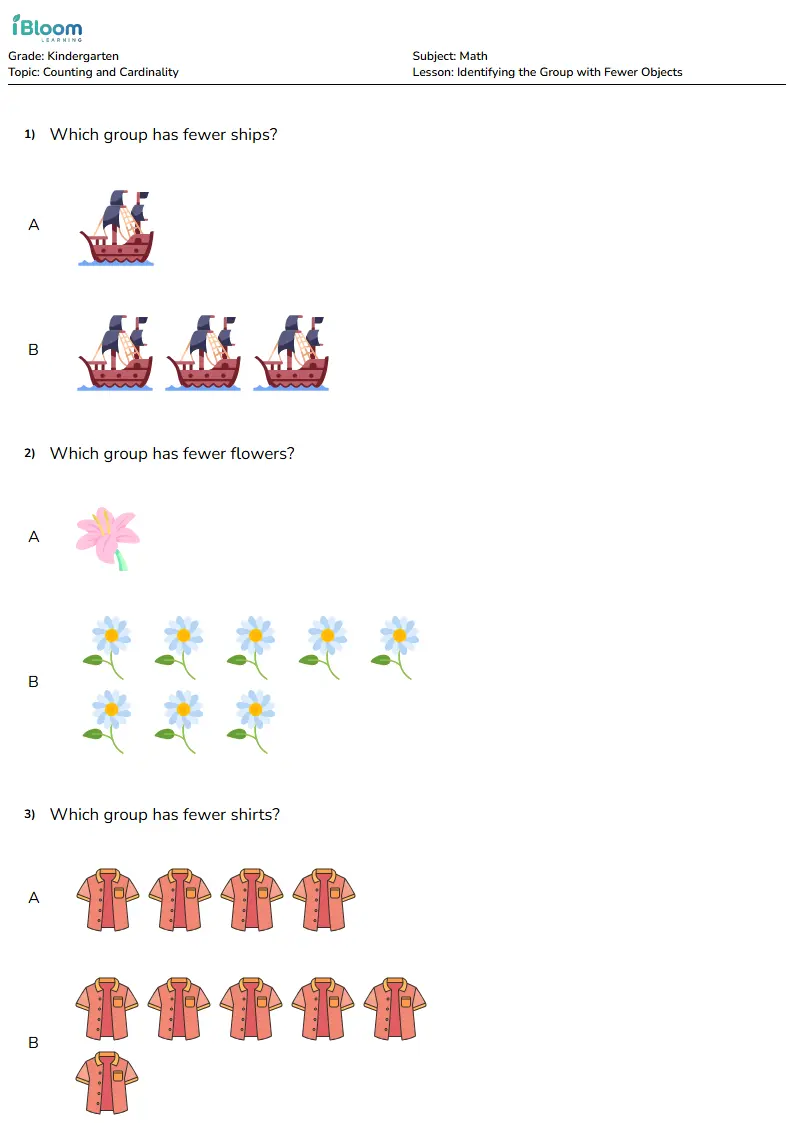 Free Identifying the Group with Fewer Objects Worksheets for Kindergarten | iBloom