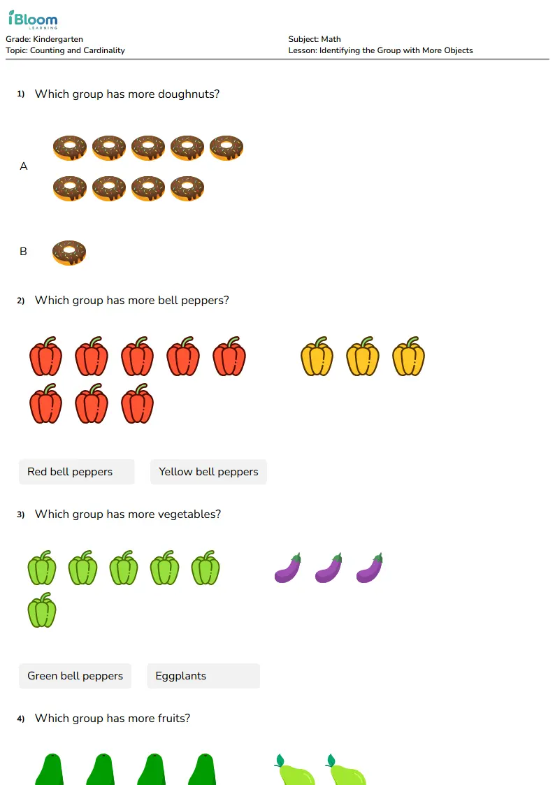 Free Identifying the Group with More Objects Worksheets for Kindergarten | iBloom