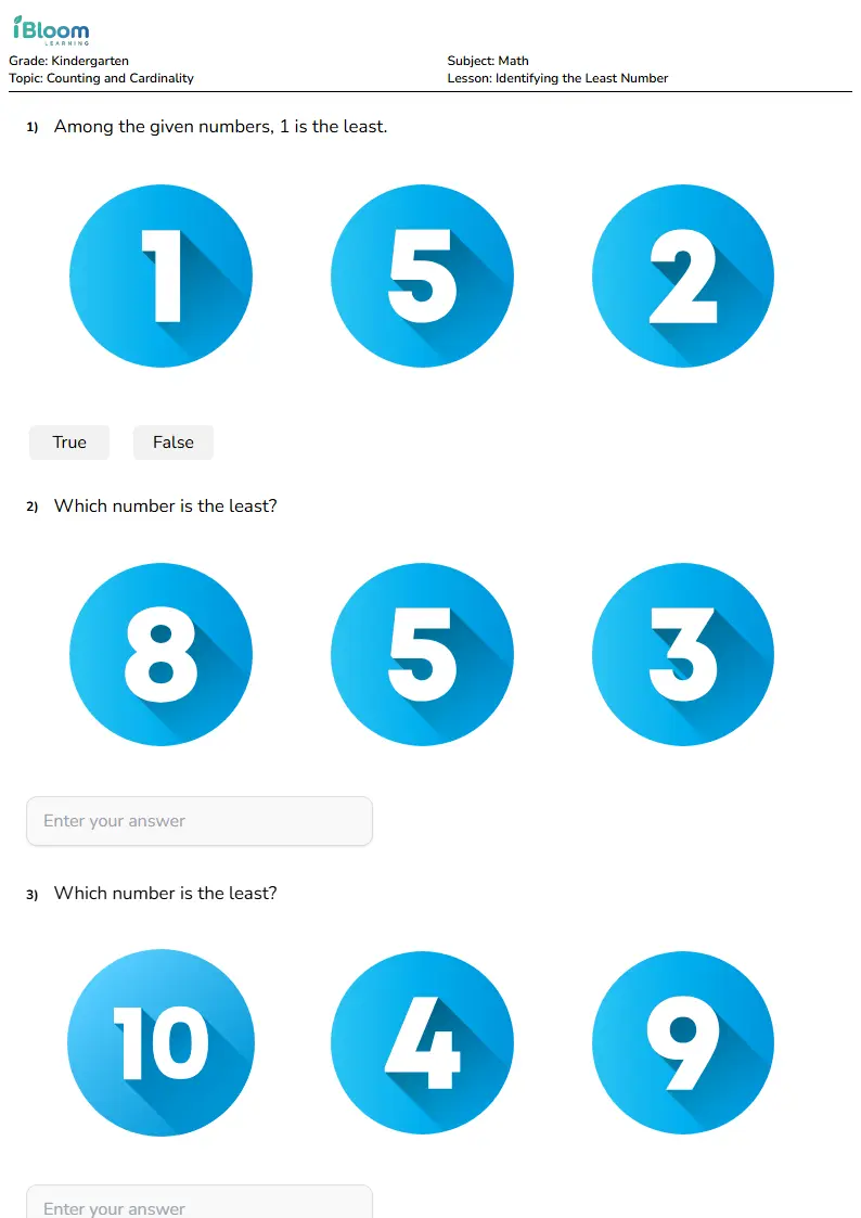 Free Identifying the Least Number Worksheets for Kindergarten | iBloom